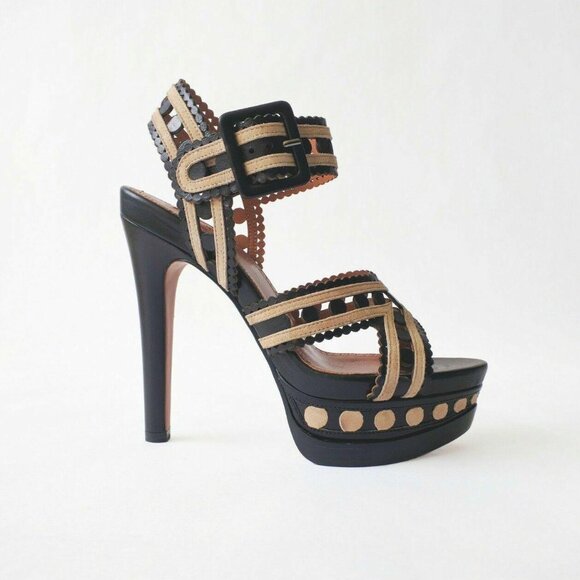 ALAÏA Black/Beige Laser Cut Suede/Lthr Platform Sandals Size US6/36EU $1700.00
